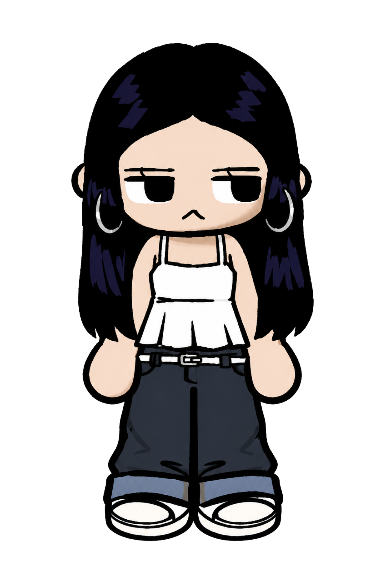 An illustrated avatar wearing a white top and jeans